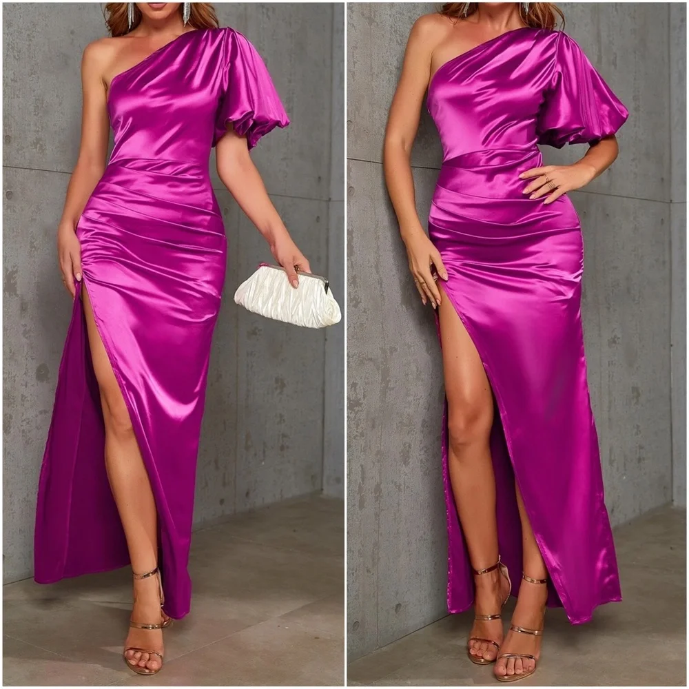 Luxe Satin One shoulder Evening Formal Black Tie Wedding Dress - Picture 8 of 9